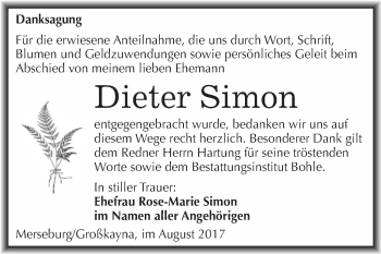 Traueranzeige von Dieter Simon von WVG - Wochenspiegel Merseburg
