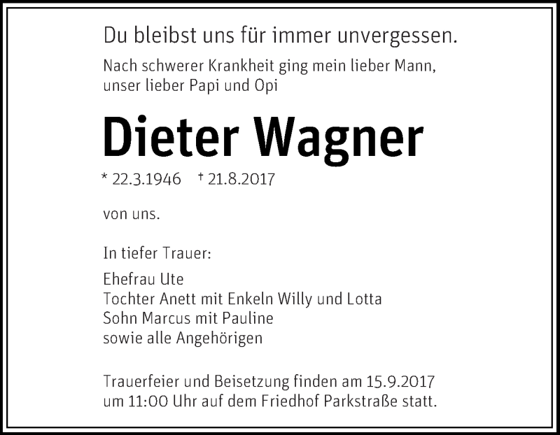  Traueranzeige für Dieter Wagner vom 02.09.2017 aus Super Sonntag Bernburg