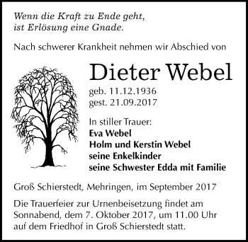 Traueranzeige von Dieter Webel von Mitteldeutsche Zeitung Aschersleben