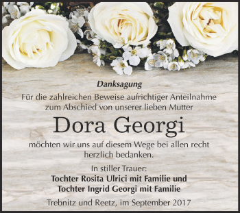 Traueranzeige von Dora Georgi von WVG - Wochenspiegel NMB / WSF / ZTZ