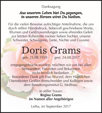 Traueranzeige von Doris Grams von WVG - Wochenspiegel Merseburg