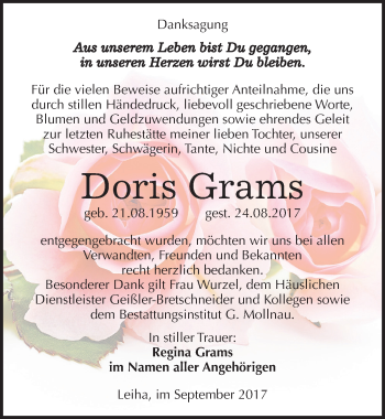 Traueranzeige von Doris Grams von Mitteldeutsche Zeitung Merseburg/Querfurt