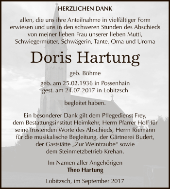 Traueranzeige von Doris Hartung von WVG - Wochenspiegel NMB / WSF / ZTZ