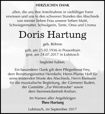Traueranzeige von Doris Hartung von Mitteldeutsche Zeitung Weißenfels