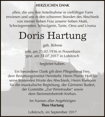 Traueranzeige von Doris Hartung von WVG - Wochenspiegel NMB / WSF / ZTZ