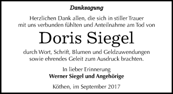 Traueranzeige von Doris Siegel von Mitteldeutsche Zeitung Köthen