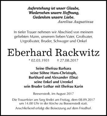 Traueranzeige von Eberhard Rackwitz von Mitteldeutsche Zeitung Halle/Saalkreis
