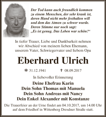 Traueranzeige von Eberhard Ulrich von WVG - Wochenspiegel Dessau / Köthen
