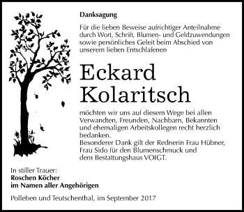 Traueranzeige von Eckard Kolaritsch von Mitteldeutsche Zeitung Mansfelder Land