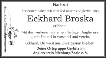 Traueranzeige von Eckhard Broska von WVG - Wochenspiegel Bernburg