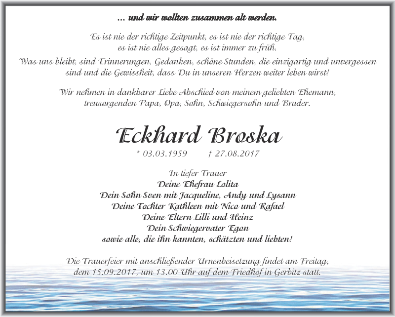  Traueranzeige für Eckhard Broska vom 02.09.2017 aus Super Sonntag Bernburg