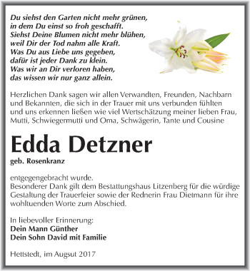 Traueranzeige von Edda Detzner von Mitteldeutsche Zeitung Mansfelder Land