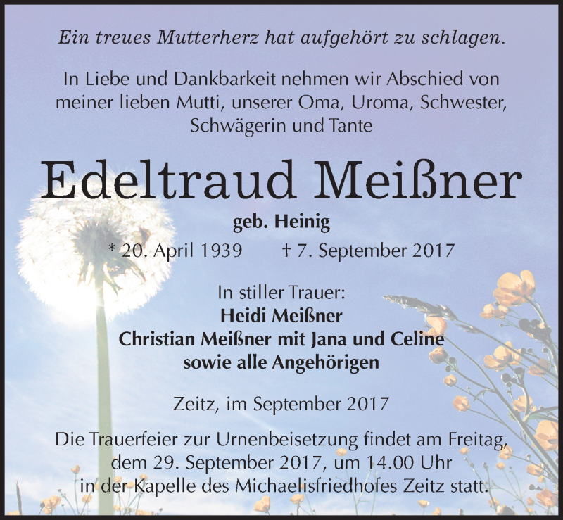  Traueranzeige für Edeltraud Meißner vom 16.09.2017 aus Mitteldeutsche Zeitung Zeitz