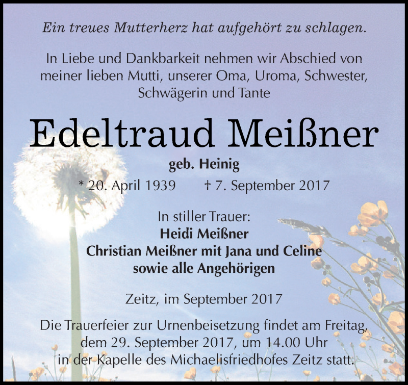  Traueranzeige für Edeltraud Meißner vom 16.09.2017 aus Super Sonntag Zeitz