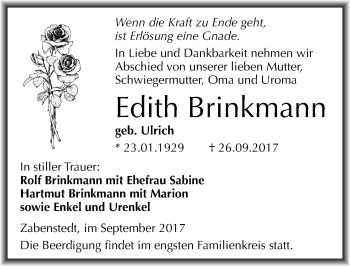 Traueranzeige von Edith Brinkmann von Mitteldeutsche Zeitung Mansfelder Land