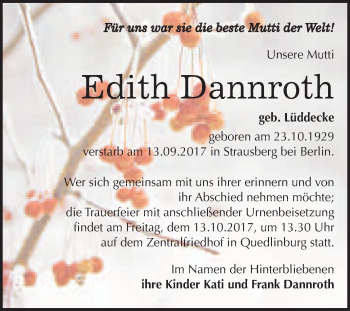 Traueranzeige von Edith Dannroth von WVG - Wochenspiegel Quedlinburg