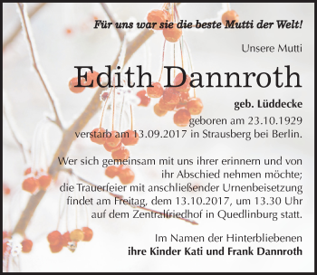 Traueranzeige von Edith Dannroth von Mitteldeutsche Zeitung Quedlinburg