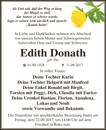 Traueranzeige von Edith Donath von WVG - Wochenspiegel Dessau / Köthen