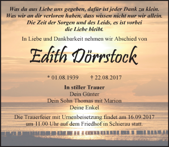 Traueranzeige von Edith Dörrstock von Mitteldeutsche Zeitung Bitterfeld