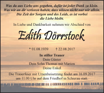 Traueranzeige von Edith Dörrstock von WVG - Wochenspiegel Bitterfeld
