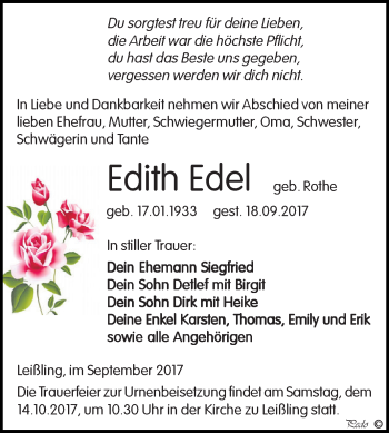Traueranzeige von Edith Edel von WVG - Wochenspiegel NMB / WSF / ZTZ