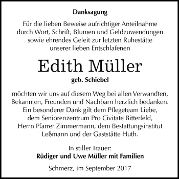 Traueranzeige von Edith Müller von WVG - Wochenspiegel Bitterfeld