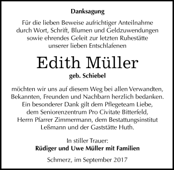 Traueranzeige von Edith Müller von Mitteldeutsche Zeitung Bitterfeld
