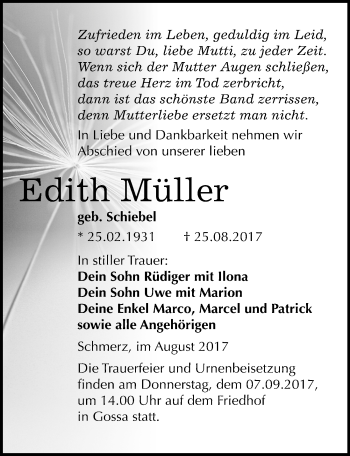 Traueranzeige von Edith Müller von Mitteldeutsche Zeitung Bitterfeld