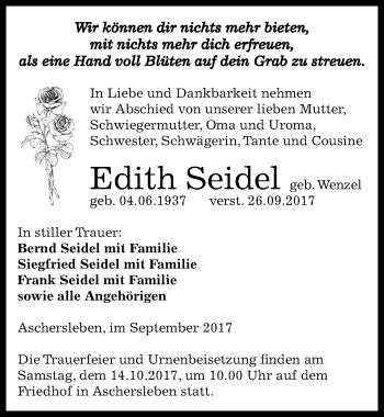 Traueranzeige von Edith Seidel von Mitteldeutsche Zeitung Aschersleben