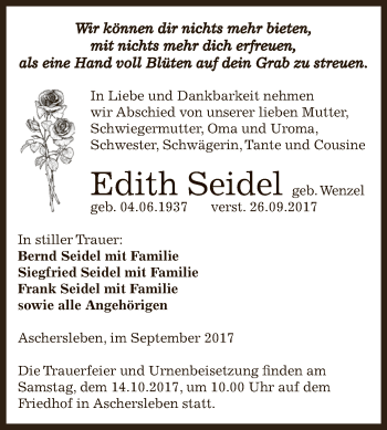 Traueranzeige von Edith Seidel von Super Sonntag Aschersleben