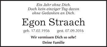 Traueranzeige von Egon Straach von WVG - Wochenspiegel Wittenberg