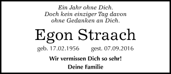 Traueranzeige von Egon Straach von Mitteldeutsche Zeitung Wittenberg