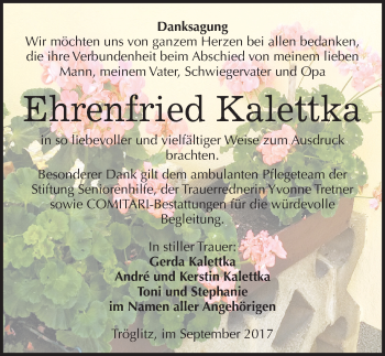 Traueranzeige von Ehrenfried Kalettka von Mitteldeutsche Zeitung Zeitz