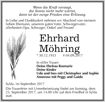 Traueranzeige von Ehrhard Möhring von Mitteldeutsche Zeitung Mansfelder Land