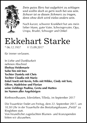 Traueranzeige von Ekkehart Starke von Mitteldeutsche Zeitung Sangerhausen