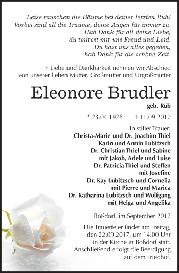 Traueranzeige von Eleonore Brudler von Mitteldeutsche Zeitung Wittenberg