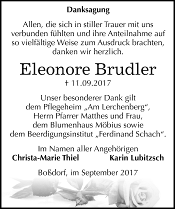 Traueranzeige von Eleonore Brudler von Mitteldeutsche Zeitung Wittenberg