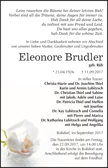 Traueranzeige von Eleonore Brudler von WVG - Wochenspiegel Wittenberg