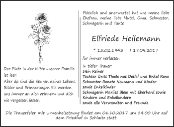 Traueranzeige von Elfriede Heilemann von WVG - Wochenspiegel Bitterfeld