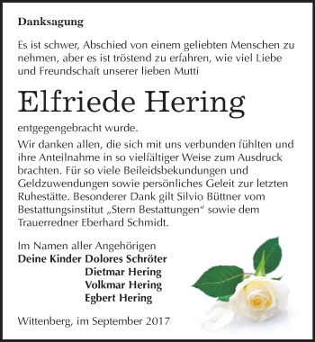 Traueranzeige von Elfriede Hering von Mitteldeutsche Zeitung Wittenberg