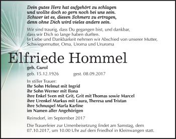 Traueranzeige von Elfriede Hommel von Mitteldeutsche Zeitung Naumburg/Nebra