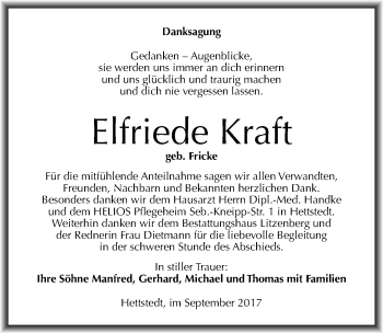 Traueranzeige von Elfriede Kraft von Mitteldeutsche Zeitung Mansfelder Land
