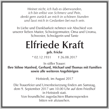 Traueranzeige von Elfriede Kraft von Super Sonntag SGH Mansf. Land