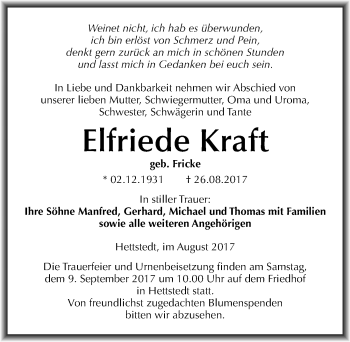 Traueranzeige von Elfriede Kraft von Mitteldeutsche Zeitung Mansfelder Land