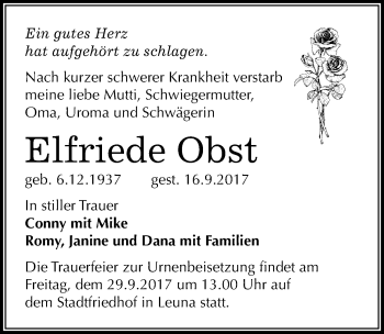 Traueranzeige von Elfriede Obst von Mitteldeutsche Zeitung Merseburg/Querfurt