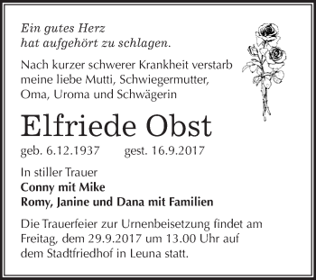 Traueranzeige von Elfriede Obst von WVG - Wochenspiegel Merseburg