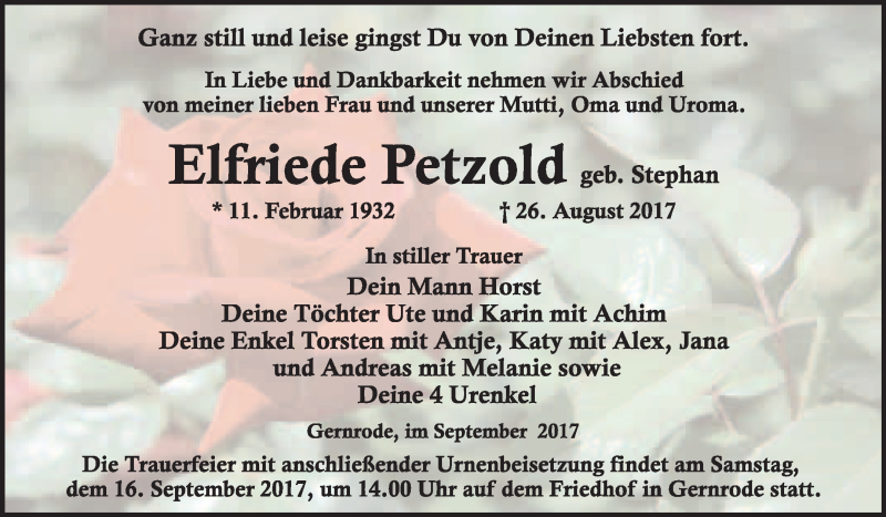  Traueranzeige für Elfriede Petzold vom 09.09.2017 aus WVG - Wochenspiegel Quedlinburg