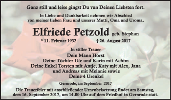 Traueranzeige von Elfriede Petzold von WVG - Wochenspiegel Quedlinburg