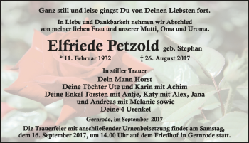 Traueranzeige von Elfriede Petzold von Mitteldeutsche Zeitung Quedlinburg