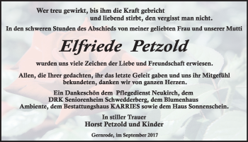 Traueranzeige von Elfriede Petzold von Mitteldeutsche Zeitung Quedlinburg